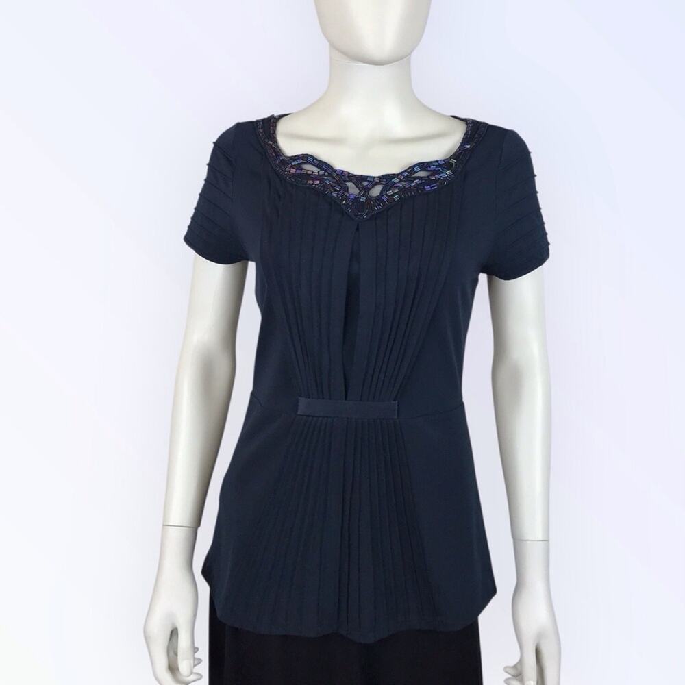 BCBGMaxAzria Navy Blue Beaded Blouse Multi-color Stretchy Short Sleeved Top